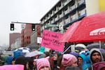 Demonstraters march at Women's March Portland on Saturday, Jan. 21, 2017.