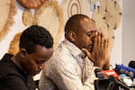 Kenyan journalist and human rights activist Boniface Mwangi (R) and Ugandan activist Agather Atuhaire (L) during a joint press conference in Nairobi on June 2, 2025 following their three-day detention and alleged torture by Tanzanian authorities.