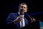 Pete Buttigieg speaks at an election night watch party hosted by Democratic senate candidate, Rep. Elissa Slotkin, at the MotorCity Casino on Nov. 5, 2024, in Detroit. "We have to be encountering people who don’t think like us and who don’t view the world the way we do,” Buttigieg said on a recent taping of Andrew Schulz’s Flagrant podcast.