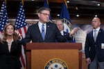 Speaker of the House Mike Johnson, R-La., gestures as he and the GOP leadership talk about the war against Iran, during a news conference at the Capitol in Washington, Wednesday, March 4, 2026.