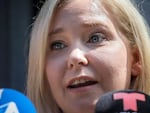 Virginia Giuffre speaks during a news conference outside a Manhattan court in New York, Aug. 27, 2019.  (AP Photo/Bebeto Matthews, File)