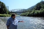 Karuk Tribal Council member Troy Hockaday stands at the junction of Indian Creek and the Klamath River in 2021.