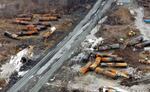 This photo taken with a drone on Feb. 9 shows the continuing cleanup of portions of a Norfolk Southern freight train that derailed in East Palestine, Ohio.