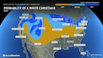 AccuWeather's 2024 white Christmas probability graphic for the United States shows snow possible in the north, Rockies, Sierra Nevadas and Cascades.