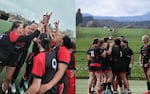 Western Oregon University women's and men's rugby teams celebrating after qualifying for nationals.