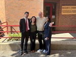 Robert Wallace Lyons stands with his attorneys after being released from custody on July 17. Lyons is the first person to have his conviction vacated after a new rule opened up legal challenges to discredited forensic science. From left: Byron Lichstein, Caitlin Plummer, Lyons, Janis Puracal.