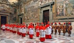 In this photo from files taken on April 18, 2005 and released by the Vatican paper L'Osservatore Romano, Cardinals walk in procession to the Sistine Chapel at the Vatican, at the beginning of the conclave.