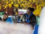 FILE: Angela Bonilla, president of the Portland Association of Teachers, speaks at a rally outside of the Portland Public Schools district office in Portland, Nov. 7, 2023, during the union's strike. 