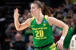Sabrina Ionescu celebrates after making a shot during the Oregon Ducks' Elite Eight win over Mississippi State at the Moda Center on Sunday, March 31, 2019.