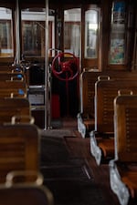 The steering wheel of one of the Astoria trolleys as it sits parked in the Astoria Riverfront Trolley maintenance and storage garage in Astoria, Ore., on Feb. 12, 2026.
