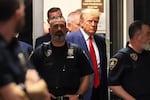 Donald Trump, now president-elect, arrives for an arraignment hearing at NYS Supreme Court in April 2023 in New York City.