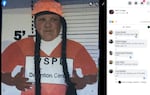 In this screenshot from Nyssa police officer Nicolas Codiga’s Facebook account, a man who appears to be Codiga is photographed putting his face through a cutout that has long black braids, an orange prison jumpsuit and is holding a “WSPD detention center” sign. Codiga, worked previously for the Warm Springs Police Department.
