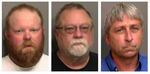 FILE - This combo of booking photos provided by the Glynn County, Ga., Detention Center, shows from left, Travis McMichael, his father Gregory McMichael, and William "Roddie" Bryan Jr. Legal experts say federal hate crimes charges in the 2020 chase and killing of Ahmaud Arbery could prove more difficult to prosecute than the fall murder trial that ended in convictions of three white men. Jury selection is scheduled to begin Monday, Feb. 7, 2022 in U.S. District Court in Brunswick, Georgia.