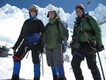 Todd Sonflieth (center) with Producer Jule Gilfillan and Photographer Michael Bendixen returning from a climb of Mount Hood in 2011.
