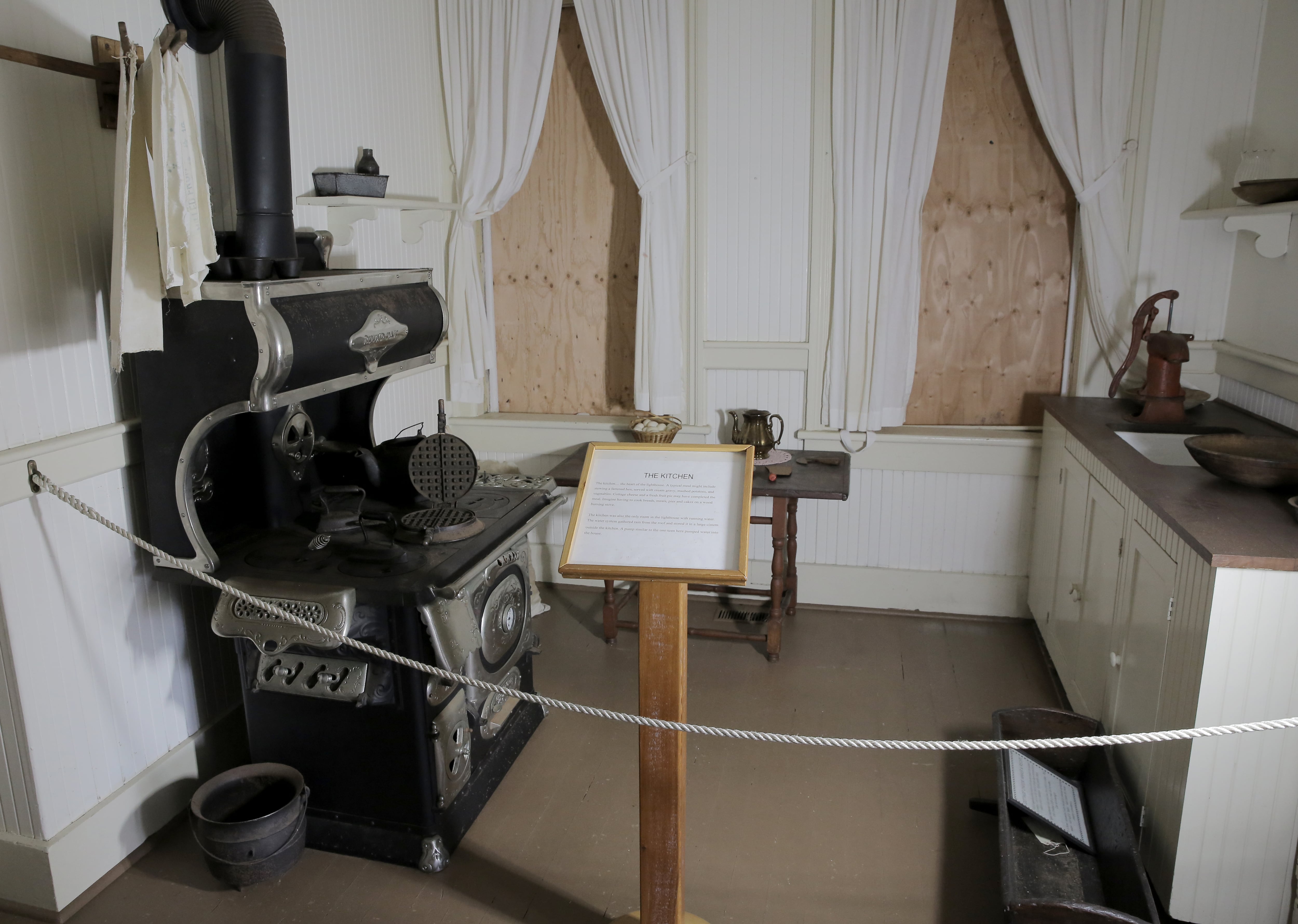 Furniture is being kept within temporary braces inside the Yaquina Bay Lighthouse kitchen.