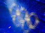 An overview shows the Olympic rings during the closing ceremony of the Paris 2024 Olympic Games at the Stade de France, in Saint-Denis, in the outskirts of Paris, on Sunday.