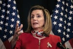 Speaker of the House Nancy Pelosi, D-Calif., talks to reporters about Election Day results in races for the House of Representatives, at Democratic National Committee headquarters in Washington, Tuesday, Nov. 3, 2020.