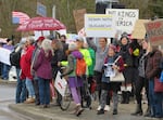Protesters gather outside Wayne Morse Federal Courthouse in Eugene, Ore. on Monday, Feb. 17, 2025.