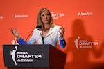 FILE - WNBA commissioner Cathy Engelbert speaks to the media before the WNBA draft on April 15, 2024, in New York. The league announced it will expand to Portland, with the new team set to begin play in 2026.