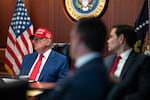 In this handout provided by the White House, President Trump, Defense Secretary Pete Hegseth and Secretary of State Marco Rubio sit in the Situation Room as they monitor the military strikes against three Iranian nuclear facilities on Saturday.