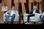 Elon Musk and Sam Altman speak at the Vanity Fair New Establishment Summit at Yerba Buena Center for the Arts on Oct. 6, 2015, in San Francisco.
