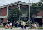 Protestors gather outside of Eugene Municipal Court on Wednesday.