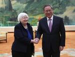 U.S. Treasury Secretary Janet Yellen, left, meets Chinese Premier Li Qiang at the Great Hall of the People in Beijing, China, Sunday, April 7, 2024. Yellen, who arrived in Beijing after starting her five-day visit in one of China's major industrial and export hubs, said the talks would create a structure to exchange views and try to address U.S. concerns about manufacturing overcapacity in China.