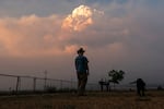 In this file photo from July 2021, Shane Durant watches the Bootleg Fire smoke plume while walking his dog near Bly, Ore. Large wildfires, such as Bootleg, are occurring with more frequency in the past several years.