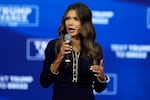 FILE - South Dakota Gov. Kristi Noem speaks before Republican presidential nominee former President Donald Trump at a campaign town hall, Oct. 14, 2024, in Oaks, Pa.