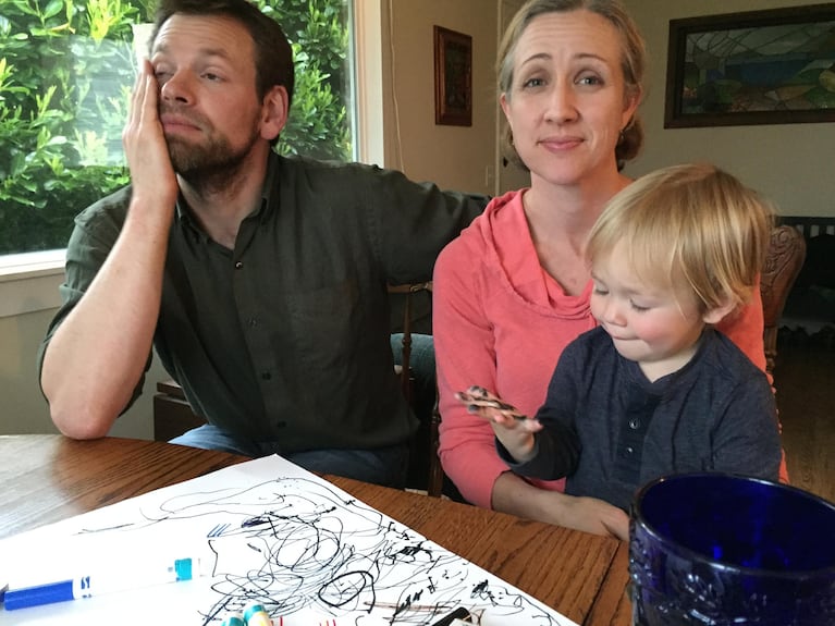 The Alexanders take a look at OPB's Aftershock tool. "We could be looking at a house that's uninhabitable," said Patrick Alexander.