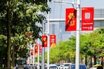 Decorations outside the Canton Fair Complex, the venue for the 137th session of the China Import and Export Fair, popularly known as the Canton Fair, on April 15, 2025 in Guangzhou, Guangdong Province of China.