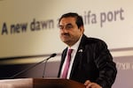 Gautam Adani, billionaire and chairman of Adani Group, speaks during an event at Israel's Port of Haifa, on Tuesday. The Indian billionaire, whose business empire was rocked by allegations of fraud by short seller Hindenburg Research, said his company will make more investments in Israel.