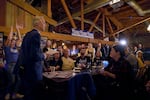 Supporters listen to Keith Wilson as he addresses the crowd at an election night party Tuesday, Nov. 5, 2024, at Old Town Brewing.