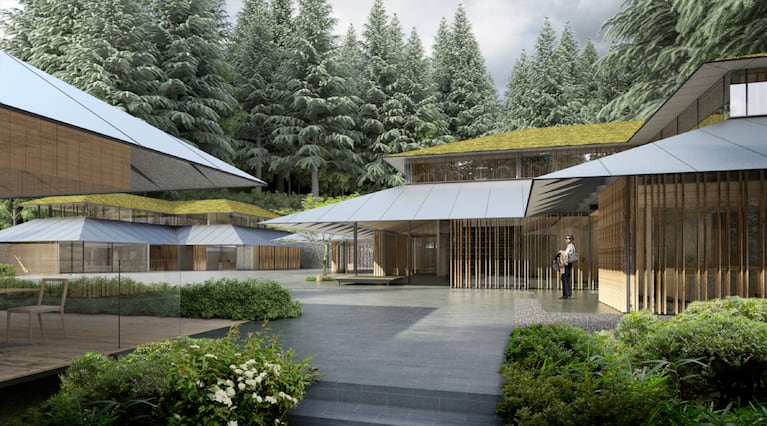 Cultural Crossing, Portland Japanese Garden, Portland, Oregon (2017)
The design for Kengo Kuma's first public building in the U.S. will integrate with the steep, hillside terrain, maximizing views to the city and the garden. The pitched green roofs, Kuma says, are a new concept for Japanese pavilions.