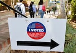 An "I voted" sign points to a Vote Center on June 1 in Los Angeles.