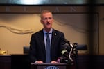 Portland Mayor Ted Wheeler in a file photo from July 21, 2022, in Portland, Oregon. Portland City Council recently passed a series of resolutions aimed at addressing street camping and homelessness, with Wheeler's backing.