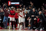 Portland Trail Blazers forward Jerami Grant (9) reacts after making a 3-point basket against the Minnesota Timberwolves during the second half of an NBA basketball game in Portland, Ore., Wednesday, Nov. 13, 2024.