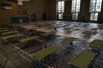 The East Portland Community Center gym is set up with 75 evenly spaced cots in order to accommodate residents in the Multnomah County shelter system on March 27, 2020 in Portland, Oregon.