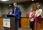 U.S. Sen. Ron Wyden speaks at a press conference in Bend on Wednesday, April 1, 2026. He was joined by Deschutes County Commissioner Phil Chang (left), State Representative Emerson Levy and Bend Mayor Melanie Kebler. 