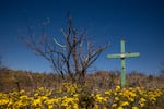 Ãlvaro Enciso places crosses at sites where migrants are known to have died in the borderland, this cross represents the death of Nolberto Torres-Zayas just east of Arivaca, Arizona on Wednesday, March 27, 2024. Torres-Zayas died of hyperthermia in 2009, not far from a Humane Borders water cache that had been vandalized and drained.