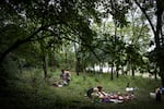 The Grinik family picnics in a forest on the outskirts of Avdiivka in July 2018. From left: Nikolay, Kirill, Olga and Miroslava. They used to picnic in the forest next to their home. When it became a restricted military area, they drove by horse and cart to this meadow. The sound of shelling and gunfire nearby was a constant, but nobody paid any attention.