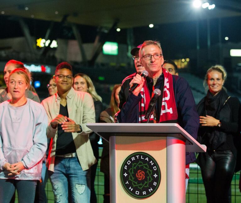 Portland Mayor Ted Wheeler congratulates the Portland Thorns and their fans on winning the 2017 NWSL championship. 