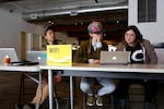 Garrick Imatani, Emma Colburn and Linden How at Portland's Art+Feminism Wikipedia edit-a-thon.