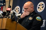 Bend Police Chief Mike Krantz gets emotional while speaking during a press conference at Bend Municipal Court after an Oct. 15 mass shooting at Silver Rail Elementary School left five dead, including three students, one teacher and the shooter, in Bend, Ore., on Oct. 16, 2026.