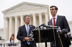 Alabama Solicitor General Edmund LaCour (right) speaks alongside Alabama Attorney General Steve Marshall after oral arguments in an Alabama congressional redistricting case outside the U.S. Supreme Court in Washington, D.C., in 2022.