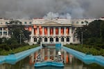 Fire rages through the Singha Durbar, the main administrative building for the Nepal government, in Kathmandu, on Sept. 9, a day after a police crackdown on demonstrations over social media prohibitions and corruption.