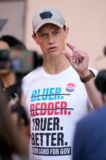 Iowa Democratic gubernatorial candidate Rob Sand speaks to the media after casting his primary ballot June 2, 2026 in Des Moines, Iowa.