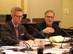 Portland Mayor Ted Wheeler (left) and Commissioner Nick Fish (right) attending a council work session on solutions for preserving creative space.