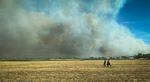 Three men walk through a grass field as the Almeda Fire burns in the distance on Sept. 9, 2020.