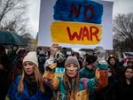 Ukrainians living in the U.S. and anti-war demonstrators protest against Russia's invasion in Washington, D.C., on Feb. 24.